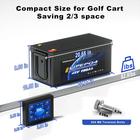Beefed Up 48V LiFePO4 Golf Cart Battery Kit With 200A BMS And 58 Volt 18A Charger, compact size with measurements and components