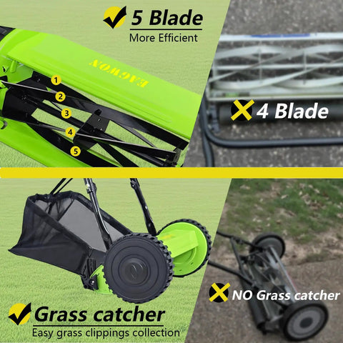 Effortless Manual Push Reel Lawn Mower With 14 Inch Cut, No Gas No Fuss, Five Blade Precision, Adjustable Height 0.6 To 1.8 Inches, Removable Grass Catcher Bag For Yard And Garden Lawn Care, green reel mower with grass catcher