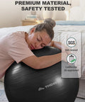 Badass Anti Slip Yoga Ball With Included Quick Pump Super Durable Frosted Grip Shell Designed For Hardcore Gym Sessions Pilates And Pregnancy Support Rock Solid Stability with user resting on it indoors.