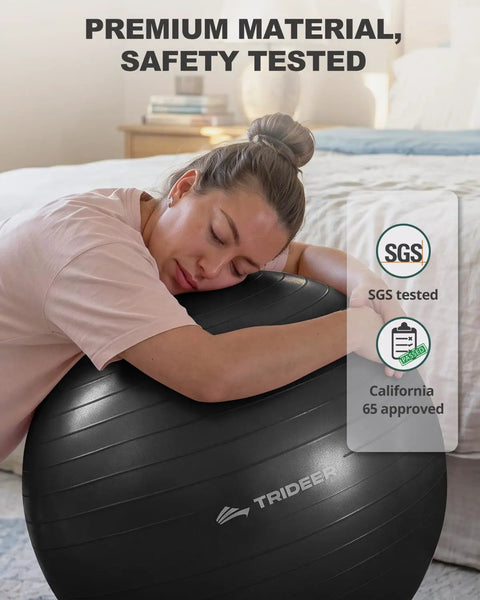 Badass Anti Slip Yoga Ball With Included Quick Pump Super Durable Frosted Grip Shell Designed For Hardcore Gym Sessions Pilates And Pregnancy Support Rock Solid Stability with user resting on it indoors.