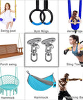 Heavy Duty Ceiling Swing Mount Set Stainless Steel Hangers With Free Swivel Hooks For Yoga Swing Indoor Outdoor Swing Set Porch Swing Chair And Punching Heavy Bag 2000 Lbs Capacity Each 2 Pack displayed with various uses including hammock, gym rings, punching bag.