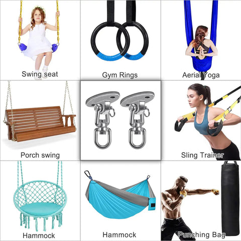 Heavy Duty Ceiling Swing Mount Set Stainless Steel Hangers With Free Swivel Hooks For Yoga Swing Indoor Outdoor Swing Set Porch Swing Chair And Punching Heavy Bag 2000 Lbs Capacity Each 2 Pack displayed with various uses including hammock, gym rings, punching bag.