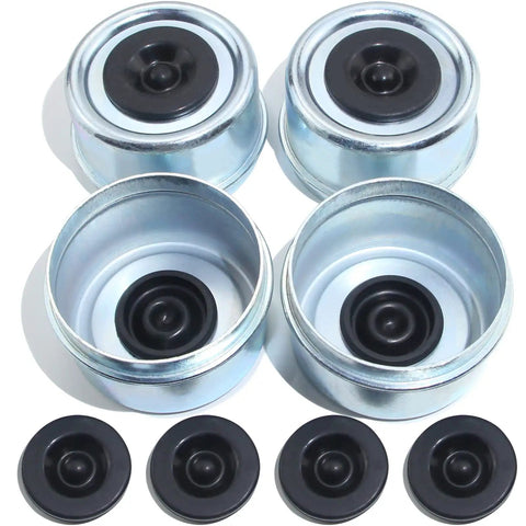 Heavy Duty Trailer Hub Dust Cap Set 4 Pack Fits Most 5200 To 6000 Pound Axles Two Point Four Six Inch with rubber plugs