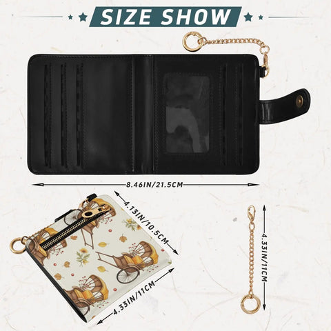 Totally Clutch Vintage Rickshaw Bifold Wallet For Women Featuring Autumn Leaves Motif with gold chain and size details