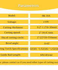 Parameters for Portable Propane Flame Cutter Featuring A Slick 0 To 45 Degree Adjustable Beveling Torch and specifications.