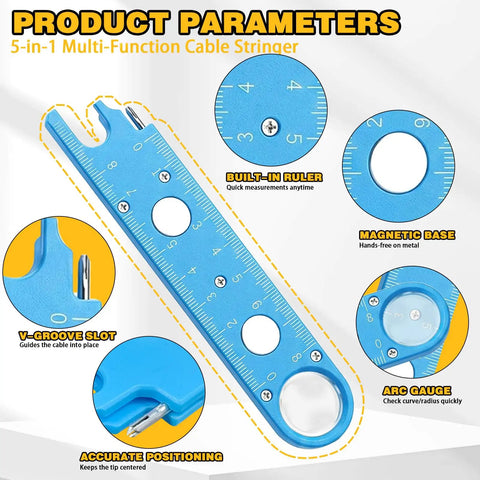5-in-1 multi-function cable stringer with ruler, magnetic base, arc gauge, and V-groove slot on white background.