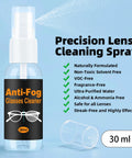 Front view of a 30 ml anti-fog glasses cleaner spray bottle with white cap and black label