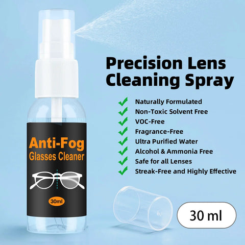 Front view of a 30 ml anti-fog glasses cleaner spray bottle with white cap and black label