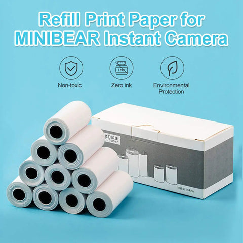 10 Roll Print Paper Refill For Kids Instant Camera That Fits Most Mini Photo Cameras, 4 x 2.2 Inch Thermal Paper, Each Roll Delivers About 60 Photos, Quick Easy Install, Great For On The Go Fun; 10 black rolls with box