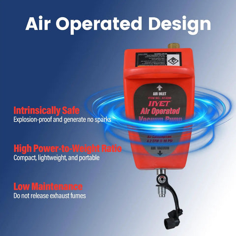 4.2 Cfm Pneumatic Vacuum Pump Air Operated Evacuation Tool For Automotive Air Conditioner Systems with air inlet and lightweight design.
