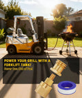 Heavy Duty Forklift Propane Adapter Swaps 1-1/4 Inch Female To 1-5/16 Inch Male Acme Fitment shown with grill setup.