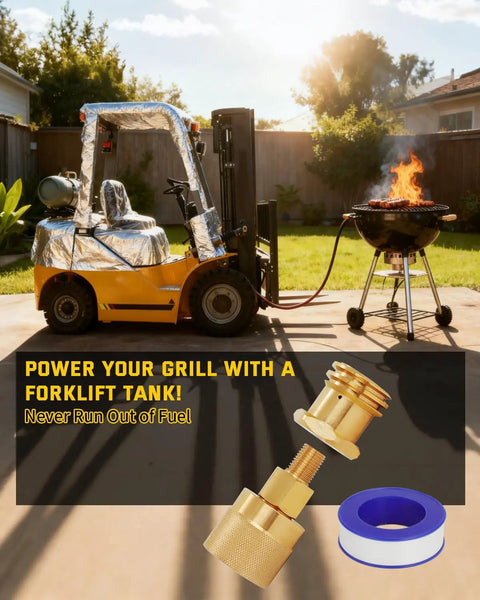 Heavy Duty Forklift Propane Adapter Swaps 1-1/4 Inch Female To 1-5/16 Inch Male Acme Fitment shown with grill setup.