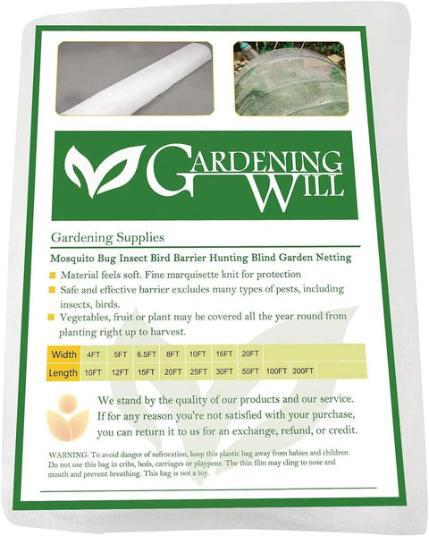 Package display of Gardening Will mesh netting, 20Ft By 25Ft Fine Mesh Garden Netting With Insect Barrier, white PE material shown.