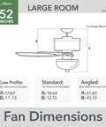 Dimensions chart for 52-inch Matheston Indoor And Outdoor Ceiling Fan With Light And Pull Chain Control, suitable for large rooms.