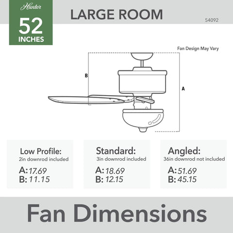 Dimensions chart for 52-inch Matheston Indoor And Outdoor Ceiling Fan With Light And Pull Chain Control, suitable for large rooms.