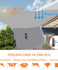 12 X 40 Sun Shade Sail With Wire Cable And A Rings installed over a pergola, shielding the garden, light gray canopy, UV-resistant.
