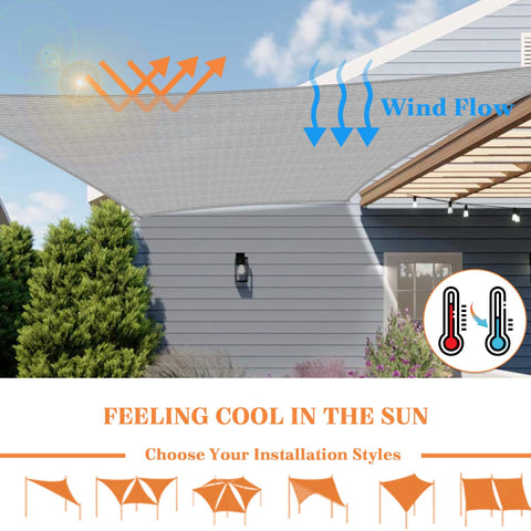 12 X 40 Sun Shade Sail With Wire Cable And A Rings installed over a pergola, shielding the garden, light gray canopy, UV-resistant.