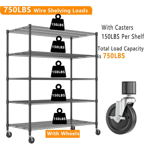 Five Tier Wire Shelving With Wheels Heavy Duty Height Adjustable Metal Storage Rack Commercial Grade Steel Utility Shelf For Kitchen Garage Pantry Organization 24 By 48 By 82 Inches Built Like A Tank