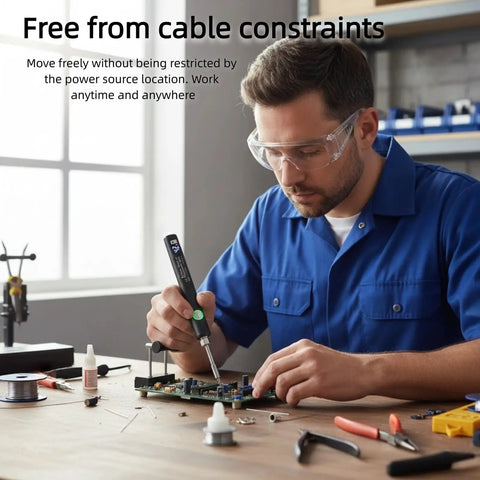 Man using Cordless Soldering Pen With USB Rechargeable 650mAh Battery, Universal Threaded Tips, Three Voltage Levels 2.7V 3.4V 4.2V