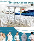 Foldable Stainless Steel Bed Rail Guard With Red Release Lever beside bed, silver and white, for elderly, disabled, pregnant women