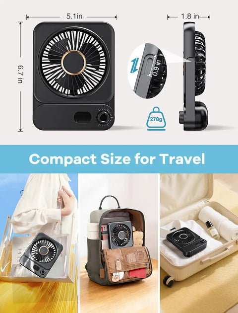 Compact Cruise Ship Approved Magnetic Fan With 100 Speed Levels shown with luggage, demonstrating portability and ease of packing.