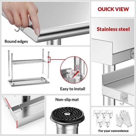 Close-up of All Stainless Steel Prep Table 24 By 48 Inch with rounded corner backsplash, adjustable undershelf, and non-slip mat details
