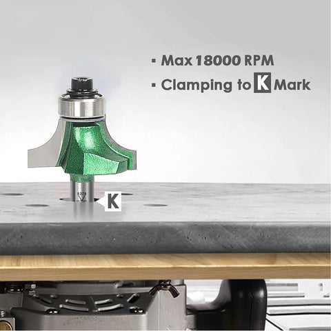 Pro Roundover Router Bit Set Four Piece With One Quarter Inch Shank Radii One Eighth, Three Sixteenths, One Quarter, Five Sixteenths Heavy Duty C3 Carbide Built For Woodworking Enthusiasts And Pros showing one bit mounted for clamping.