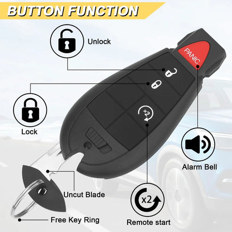 Key Fob Replacement For Dodge Ram 1500 2013 2021 And Ram 2500 3500 4500 5500 Remote Control With GQ4-53T 4 Buttons, Button Function