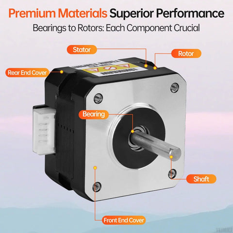 Front view of YEJMKJ NEMA 17 bipolar stepper motor with silver front plate, black housing, and protruding shaft