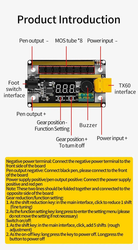 Diagram of Handheld 12V Spot Welder Control Board Kit With 99 Power Levels And 2400A Peak Output DIY PCB Circuit instructions.