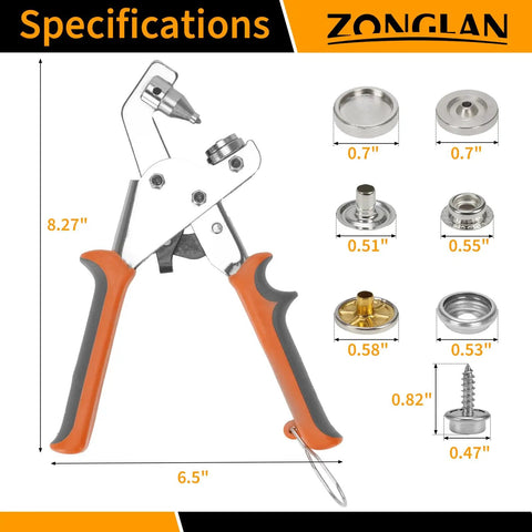 Heavy Duty Snap Fastener Tool Kit With 150 Sets Of Metal Snaps And Hoss Button Pliers equipped with 2 dies and specs layout.