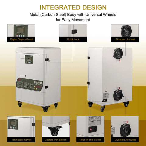 Straight Up Heavy Duty Smoke Purifier For Laser Engraving And Welding Station, carbon steel body with wheels and digital panel.