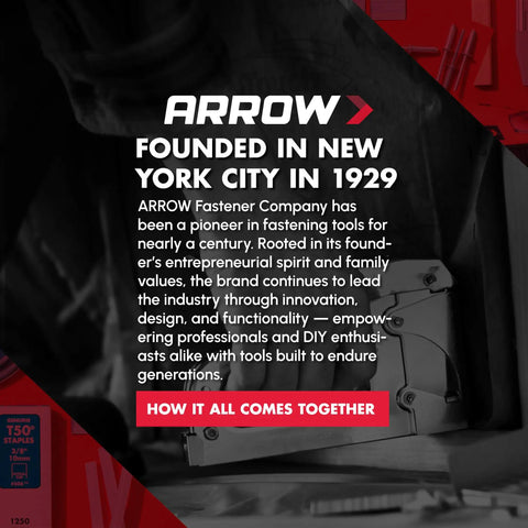 Arrow Fastener Company history display, founded in New York City in 1929, with legacy text beside an image of fastening tools.