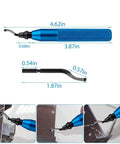 Precision Deburring Tool With 10 High Speed Steel BS1010 Blades For Effortless Edge Burr Removal On Copper Iron Aluminum And 3D Printing Plastics Including Resin Art Projects Durable Blue Handle displayed with measuring dimensions.