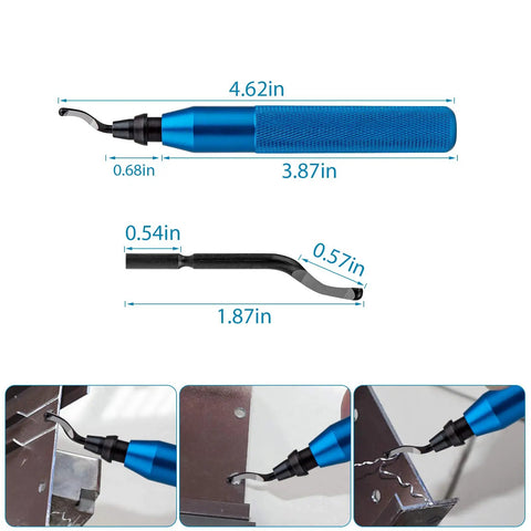 Precision Deburring Tool With 10 High Speed Steel BS1010 Blades For Effortless Edge Burr Removal On Copper Iron Aluminum And 3D Printing Plastics Including Resin Art Projects Durable Blue Handle displayed with measuring dimensions.