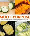HNYYZL Crinkle Cutter 2-pack; kitchen waffle-cut fry cutter shown slicing cucumbers and potatoes