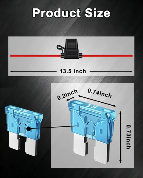 Product dimensions of Five Pack 12 Gauge Inline Fuse Holder Kit with Sixty ATC ATO Blade Fuses shown with measurements.
