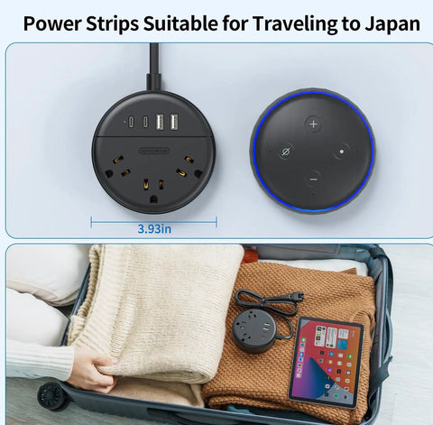 2 Prong To 3 Prong Outlet Adapter Power Strip With 180 Degree Rotating Plug, shown beside smart device and packed in suitcase.