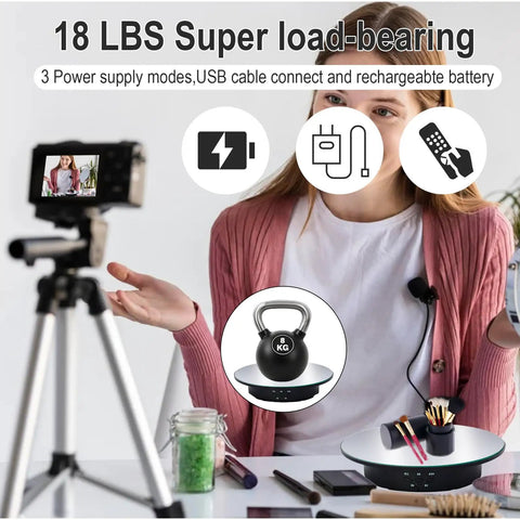 Electric Motorized Rotating Display Stand With Remote Control, 360 Degree Turntable For Photography Products Jewelry And Collectibles, 7.8 Inch Platform showing a user demonstrating power modes.