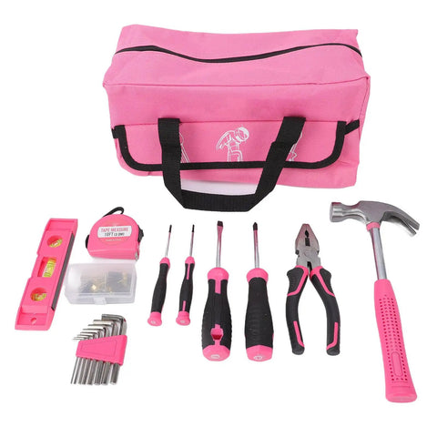 18 Piece Pink Hand Tool Set For Women, Beginner Friendly Home Repair Kit spread out with tools and pink portable case
