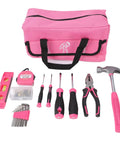 Pink Portable Toolbox Kit For Women, 18-Piece Hand Tool Set displayed with hammer, wrench, non-slip handles, carry case