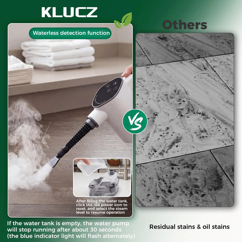 Kick Dirt To The Curb With This 14in1 Handheld Steam Cleaner demonstrating waterless detection with visible steam.