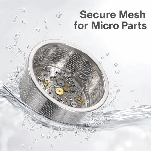 Top Grade Stainless Steel Mesh Watch Parts Cleaner Basket For Ultrasonic Jewelry Care with micro parts immersed in water.