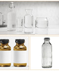 Collage of various glass bottles including sealed brown vials, empty bottles, and jars in a kitchen setting near a sink.