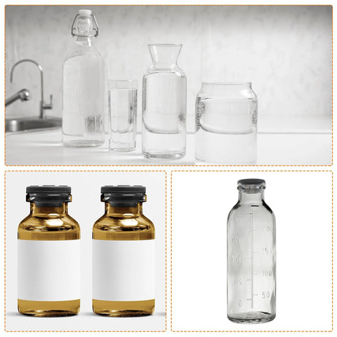 Collage of various glass bottles including sealed brown vials, empty bottles, and jars in a kitchen setting near a sink.