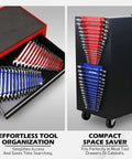 2 Pack Magnetic Wrench Organizer Kit With 32 Slots For SAE And Metric Wrenches, stored in toolbox drawer and on tool cabinet