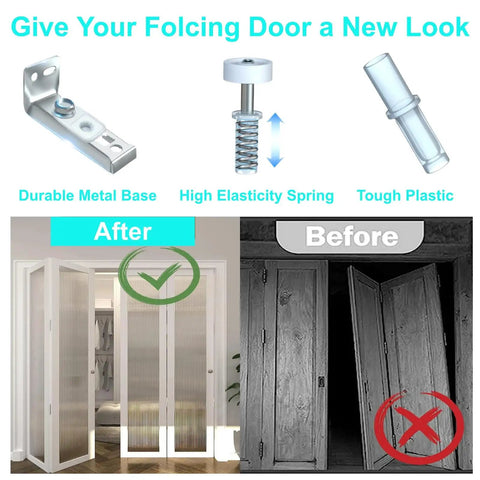 Bi Fold And Sliding Closet Door Repair Kit For Home DIY Use One To One And Three Eighths Inches Thick Doors Up To Fifty Pounds Includes Top And Bottom Brackets Pivots And Guide Wheels For Pocket And Accordion Closets Premium Replacement Parts showing before and after door repair with components.