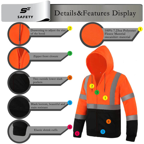 High Visibility Class 3 Reflective Zippered Hooded Safety Sweatshirt For Men with padded lining features display chart