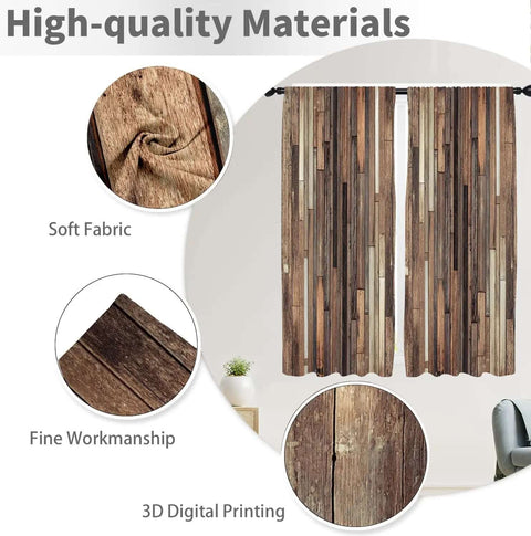 Cozy Farmhouse Brown Curtains With Rustic Barn Door Plank Look, 42W X 63L rod pocket two panels highlighting materials and design features