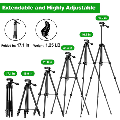 Work Ready Laser Level Tripod With Carry Bag, showing adjustable heights from 17.1 to 56.2 inches, lightweight and portable design